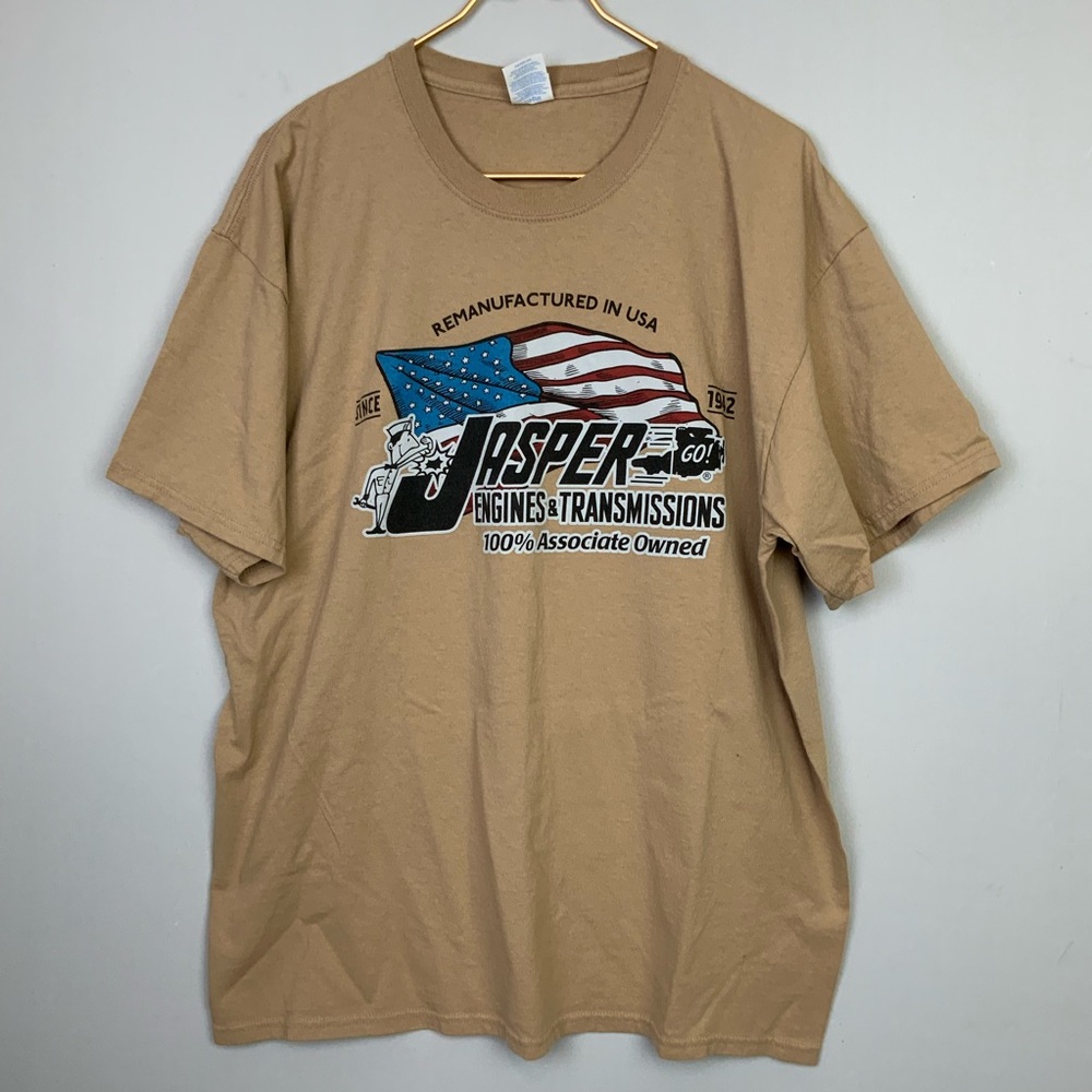 Jasper Engines & Transmissions Sz Large Tan Graphic T Shirt‎ Flag USA